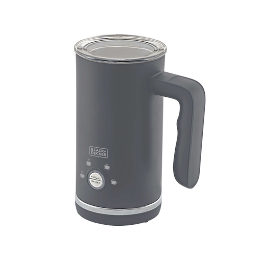 Photo of BLACK+DECKER EL500 black electric milk frother with a clear lid and side handle, front angle on white background.