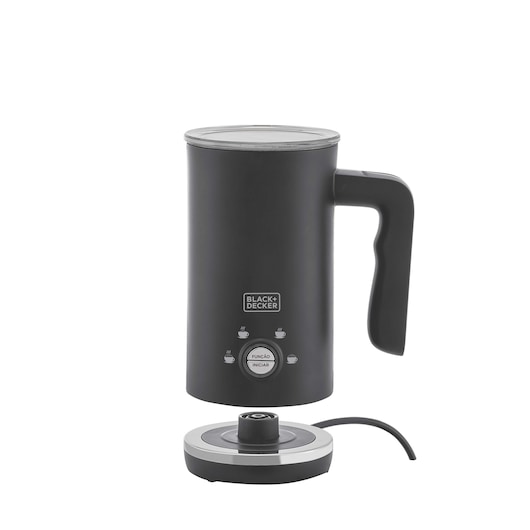 BLACK+DECKER EL500 black electric milk frother with base, photographed from front on white background.
