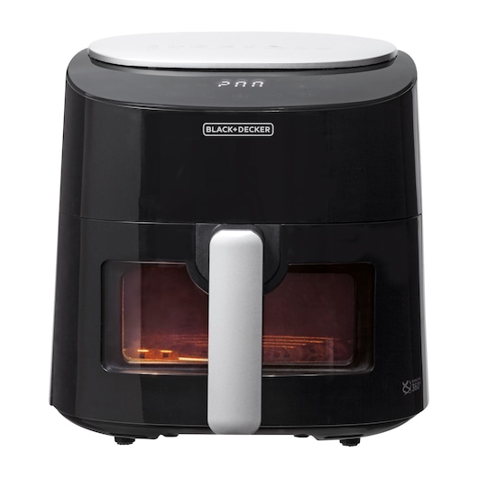 Digital AirFryer with front display and 360° technology. Black airfryer, from the front side, with gray drawer handle. Basket light on