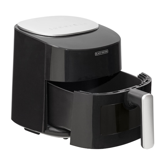 Digital AirFryer with front display and 360° technology. Black airfryer, from the left side, with gray drawer handle. Basket open