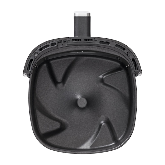 Digital AirFryer with front display and 360° technology. Top image of the non-stick basket