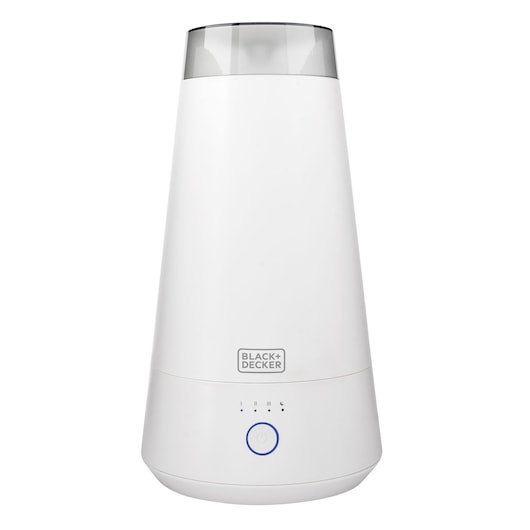 WHITE AIR HUMIDIFIER WITH ON AND OFF BUTTON ON VIEW FROM THE FRONT