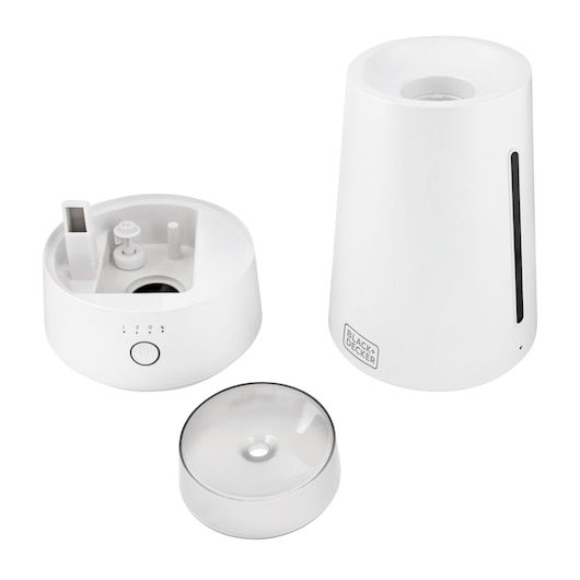 Photo of the disassembled product showing the 3 parts of the humidifier: body, base and top