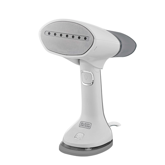 Portable vaporizer 3 in 1 Black and Decker on white background with steam  and power button facing 15 degrees to the left