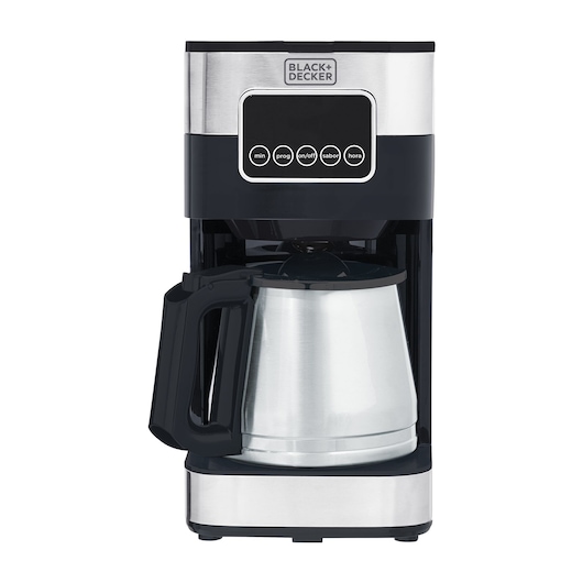 Programmable Electric Coffee Maker, grey and black, front view.