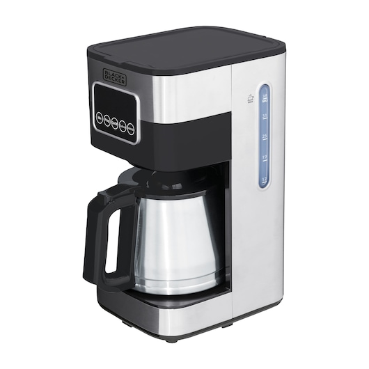 Programmable Electric Coffee Maker, grey and black, side view.