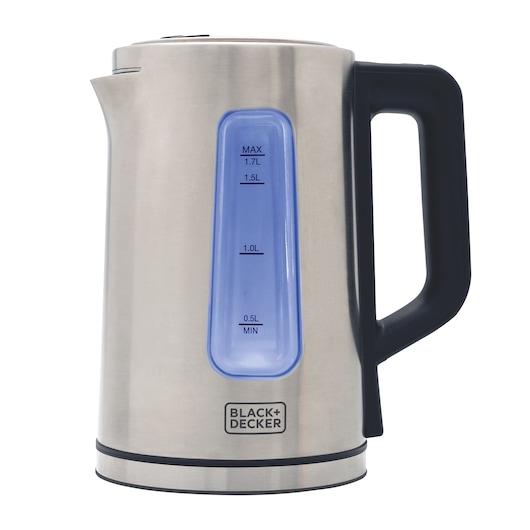 Programmable Electric Kettle. Gray kettle, with black handle, positioned in front. Blue LED heating indicator on