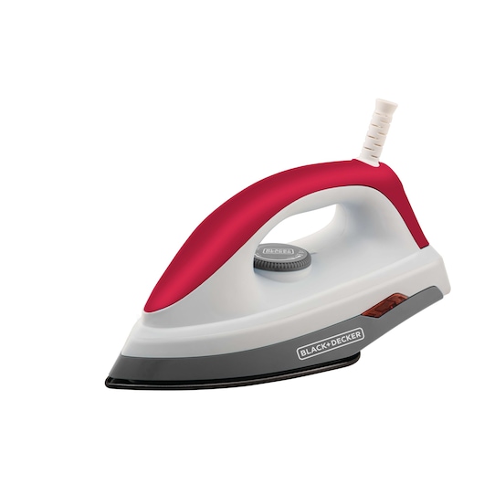 BLACK+DECKER F300 steam iron with red and white body, visible temperature dial, side logo, front angle on white background.