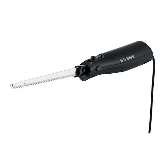 BLACKDECKER FEL150 electric knife, black handle, serrated blade, side angle photo on white background.