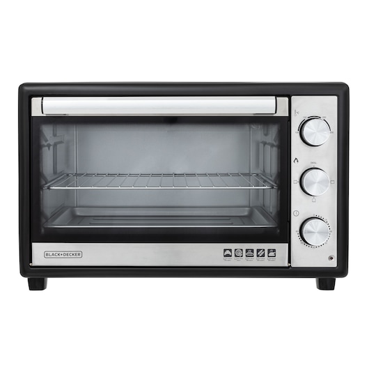 Photo of BLACK+DECKER FT46 toaster oven, front view, black and stainless steel finish, three control knobs, glass door.