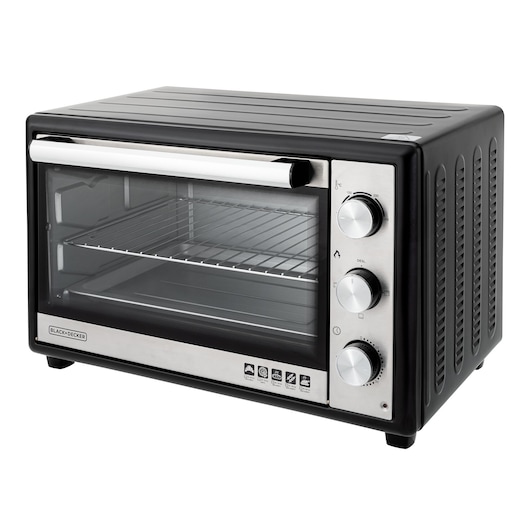 BLACKDECKER FT46 countertop oven with three dials, wire rack, black and silver finish, front angle photo.