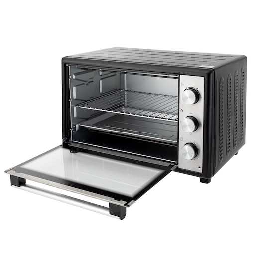 BLACKDECKER FT46 countertop oven with open door, stainless steel controls, wire rack, white background