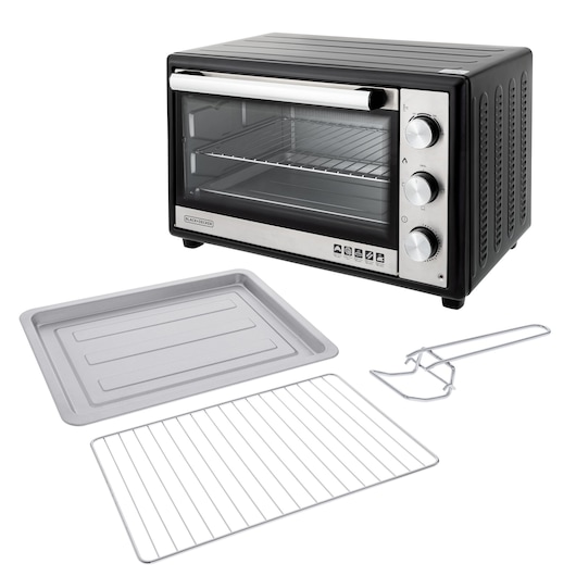 Photo of BLACKDECKER FT46 countertop oven with three control knobs, baking tray, wire rack, and handle, front angle.