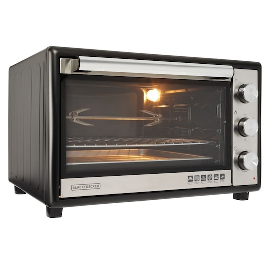BLACK+DECKER FT60 countertop oven with stainless steel front and control knobs, angled view.