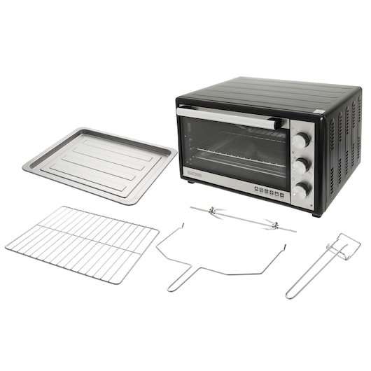 BLACKDECKER FT60 countertop oven with baking tray, wire rack, rotisserie spit, handle, and rack lifter, angled view.