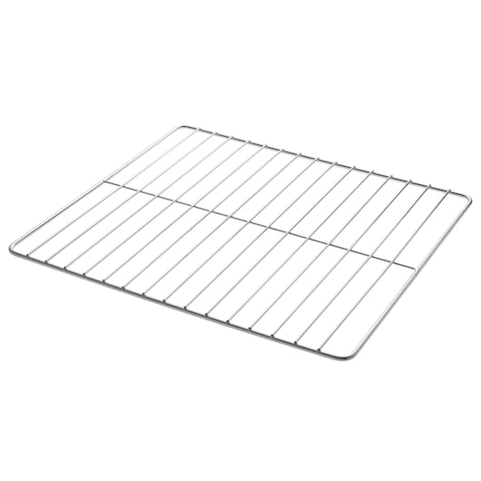 A rectangular metal cooling rack with parallel wires, commonly used for baking or grilling.