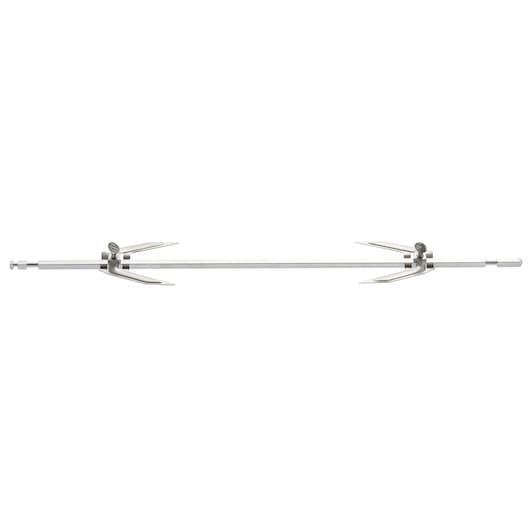 A metal rotisserie spit rod with adjustable meat forks, photographed against a white background.