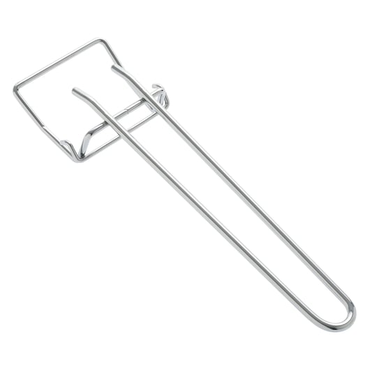 A metal pan holder tool with a rectangular gripping end and long handles, designed for safely lifting hot trays or pans.