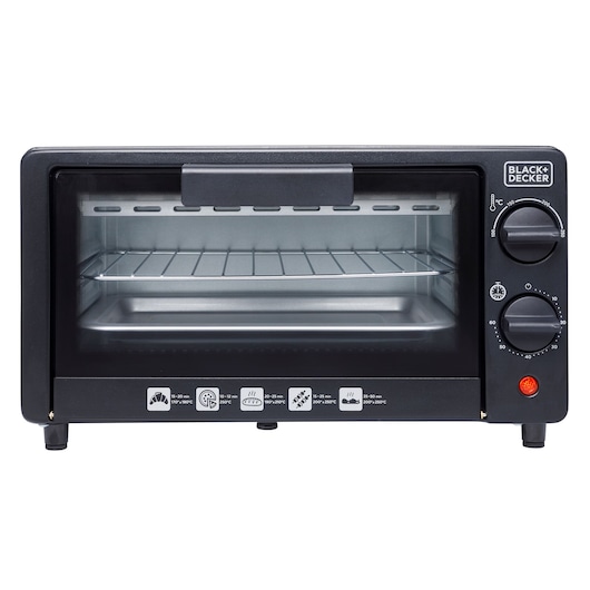 Front view of BLACK+DECKER FT9N black toaster oven with two control knobs and wire rack, on white background.