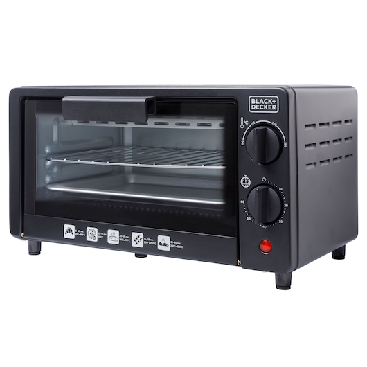 BLACKDECKER FT9N black countertop toaster oven with two dials, side view on white background.