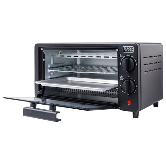 BLACK+DECKER FT9N black countertop toaster oven with open glass door and metal tray, side angle.