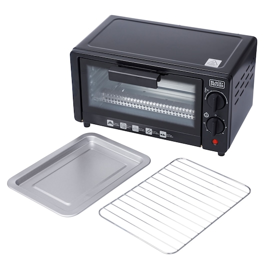 BLACKDECKER FT9N black toaster oven with tray and wire rack, front angle, white background