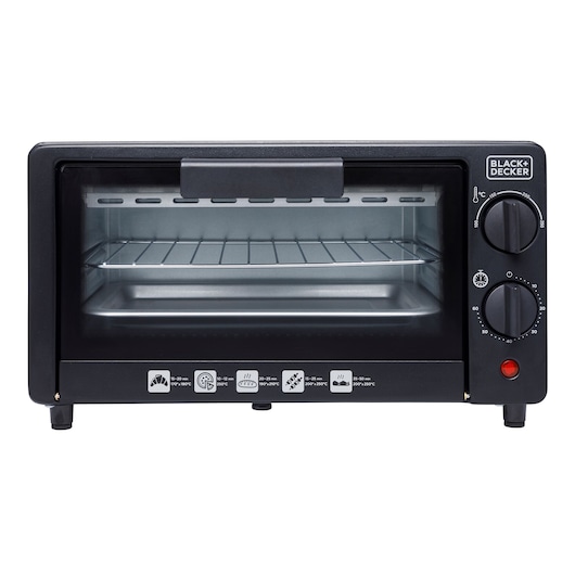 BLACKDECKER FT9N countertop toaster oven, black, front angle on white background, dual dials, wire rack inside.