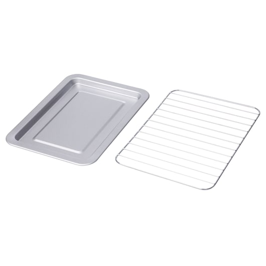BLACKDECKER FT9N baking tray and wire rack set, rectangular, silver, product top view on white background.