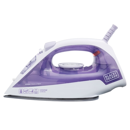 Photo of BLACK+DECKER FX1050 steam iron, purple and white, side view on white background.