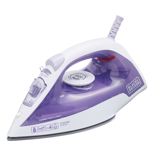 Photo of a BLACK+DECKER FX1050 steam iron, white and purple design, side angle on white background.