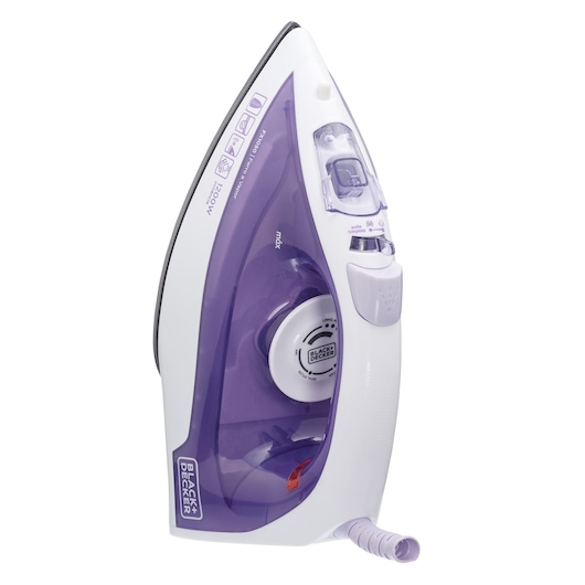 Photo of BLACK+DECKER FX1050 steam iron with white and purple body, front angle on white background.