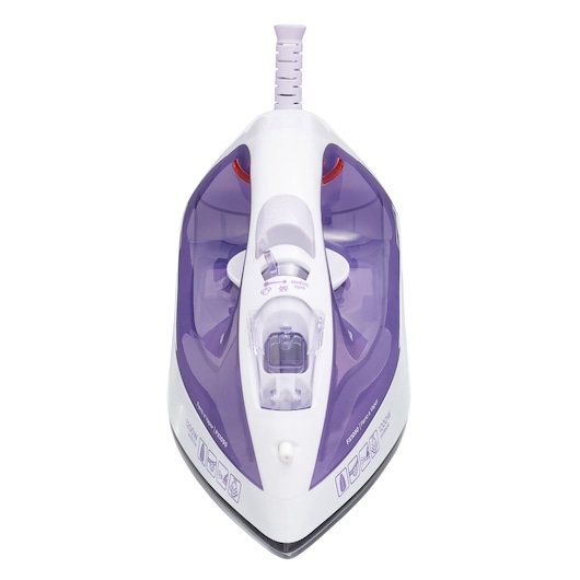 BLACKDECKER FX1050 steam iron with white and purple body, front angle on white background.
