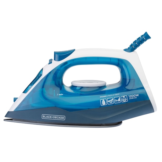 Photo of BLACK+DECKER FX2150 steam iron with blue and white body, 1200W power, side angle on white background.