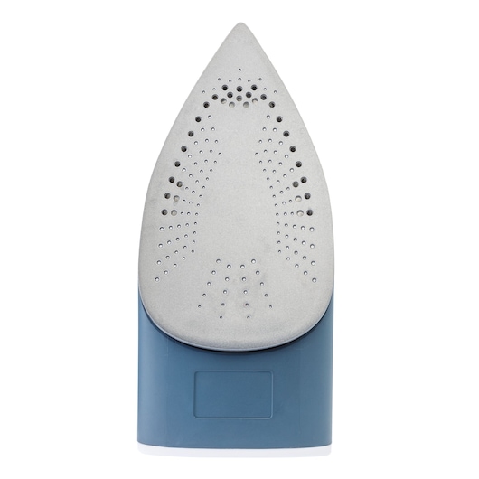 BLACKDECKER FX2150 steam iron soleplate, silver and blue, front angle on white background.
