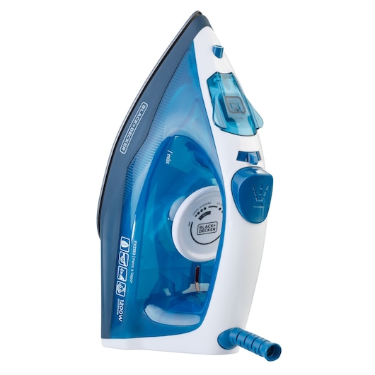 BLACKDECKER FX2150 steam iron, blue and white, side view on white background.