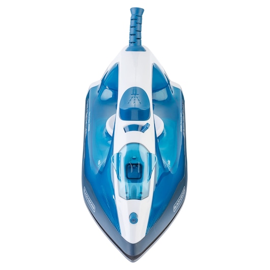 BLACKDECKER FX2150 steam iron, blue and white, top view on white background.