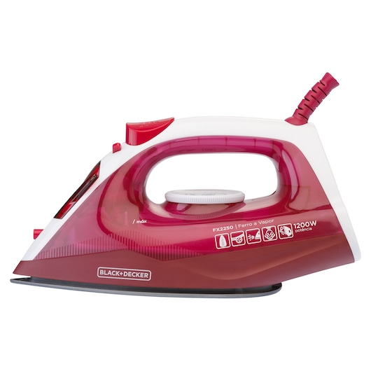 Photo of BLACK+DECKER FX2250 steam iron, red and white design, side angle on white background.