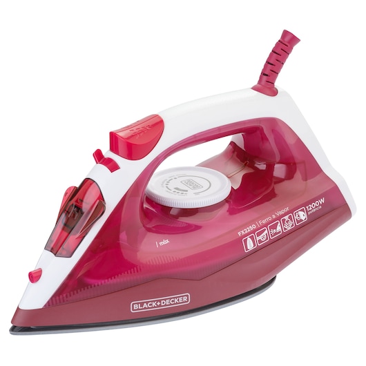 Photo of BLACKDECKER FX2250 steam iron in red and white, side angle, showing control dial and logo.