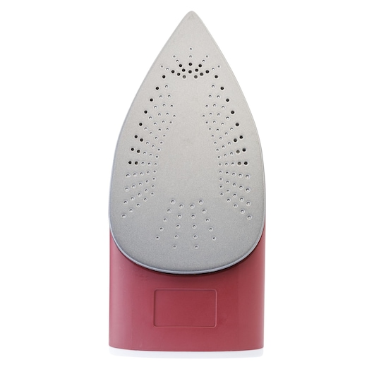 BLACKDECKER FX2250 steam iron soleplate, silver with steam holes, red base, front view on white background.