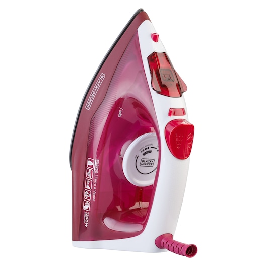 Photo of BLACKDECKER FX2250 steam iron, white and red, side angle on white background.