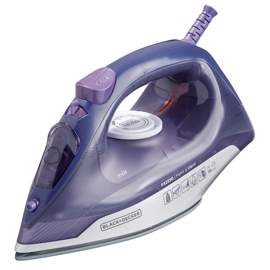 Photo of BLACK+DECKER FX2550 steam iron in purple and silver, side angle, with visible controls and water tank.