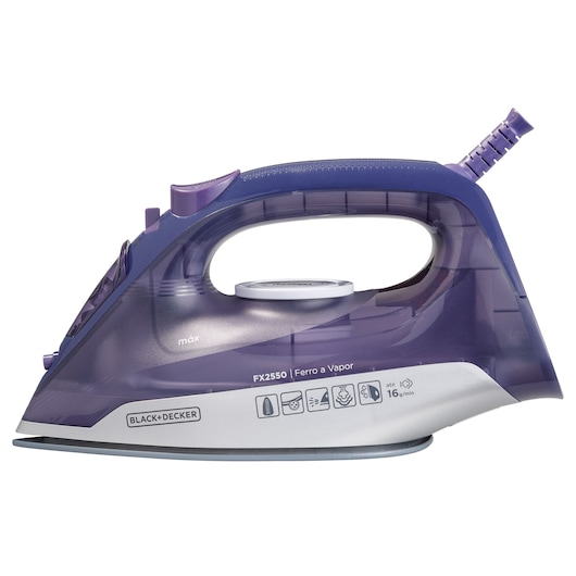 BLACK+DECKER FX2550 steam iron, purple and silver, side angle on white background.