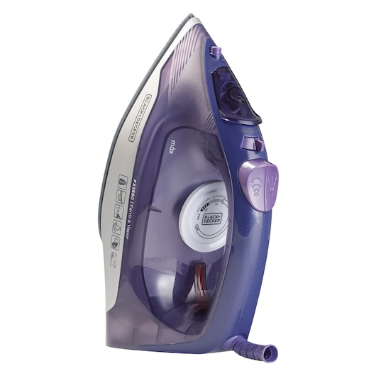 Photo of BLACK+DECKER FX2550 purple steam iron, side view, translucent water tank and control knob visible.