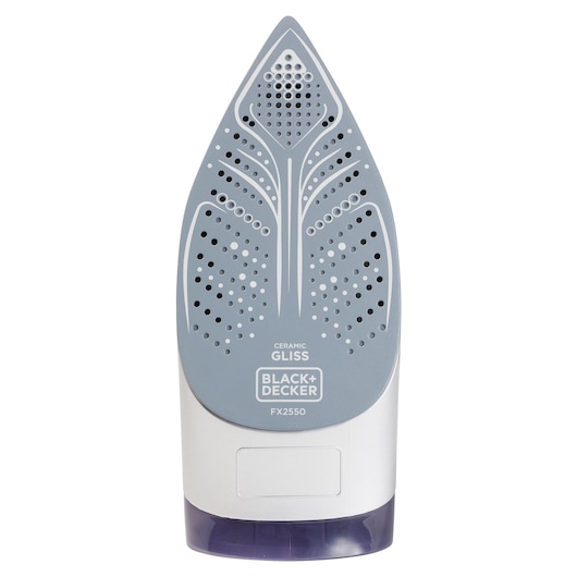 Photo of BLACK+DECKER FX2550 ceramic soleplate steam iron, vertical front angle on white background.