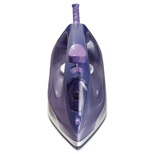 BLACK+DECKER FX2550 purple steam iron front view on white background.