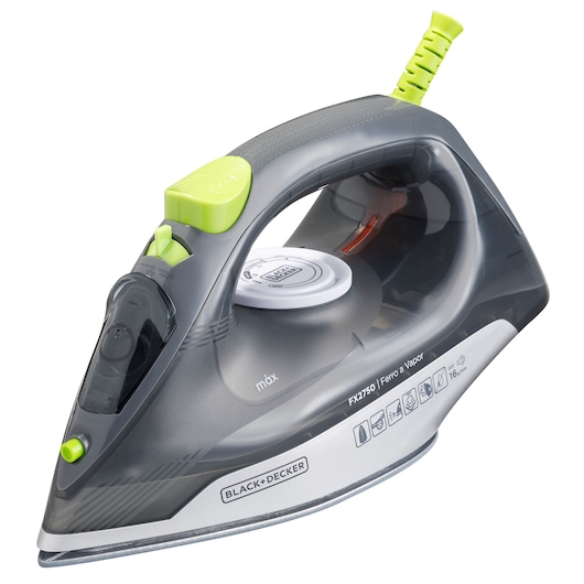 Photo of BLACK+DECKER FX2750 steam iron with transparent gray body, green accents, and side controls, white background.
