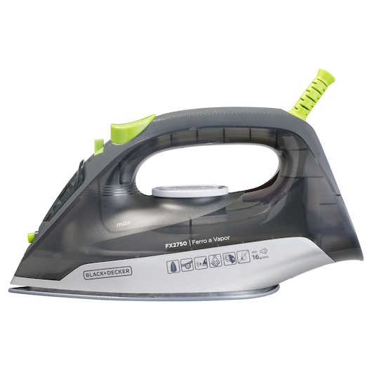 Photo of BLACK+DECKER FX2750 steam iron, gray with green accents, side view on white background.