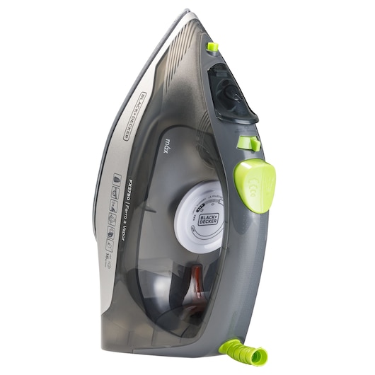 Photo of BLACKDECKER FX2750 steam iron with transparent grey body and green accents, side angle on white background.