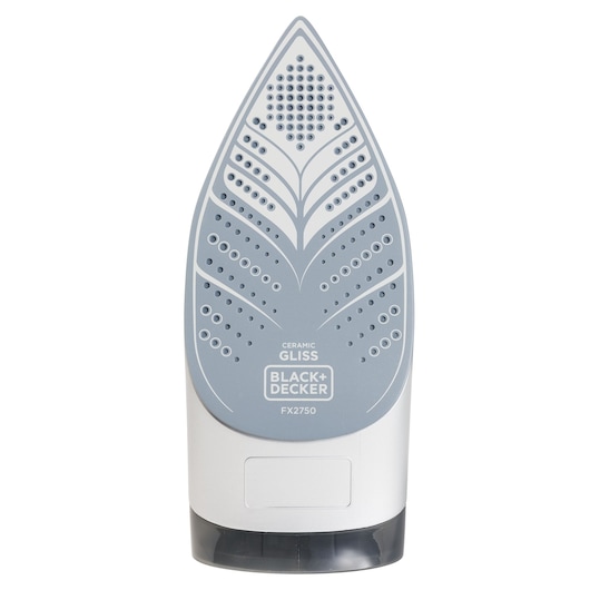 Photo of BLACK+DECKER FX2750 ceramic iron soleplate with steam holes, white and gray, front view on white background.