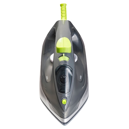 BLACKDECKER FX2750 steam iron, gray and green, top view on white background.